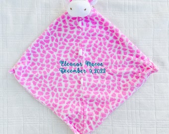Pink Giraffe Baby Lovie Blanket Embroidered With Name Birthdate Etsy