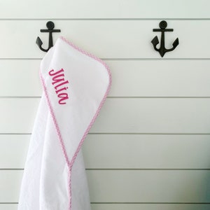 Baby Personalized Hooded Towel : Pink gingham trim cotton, embroidered