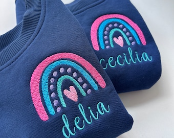 Girls rainbow heart sweatshirt pullover with embroidered script name, baby, toddler, mini me