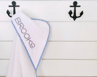 Baby Personalized Hooded Towel : blue gingham trim cotton, embroidered