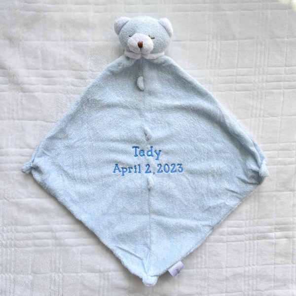 Blue Bear lovie blanket embroidered with name + birthdate [boys] personalized