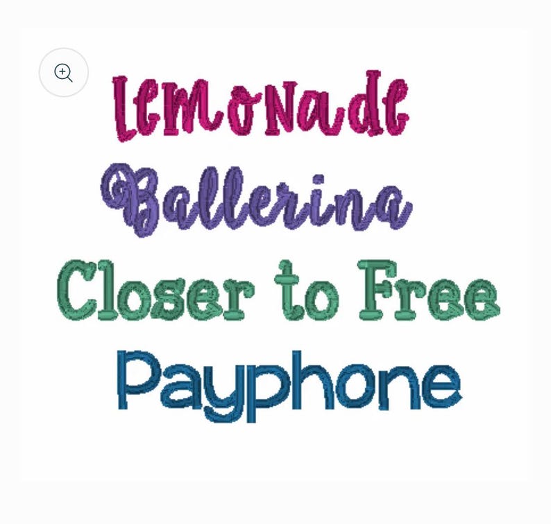 May include: White background with four words embroidered in different colors. The words are "Lemonade" in pink and purple, "Ballerina" in purple, "Closer to Free" in green, and "Payphone" in blue.