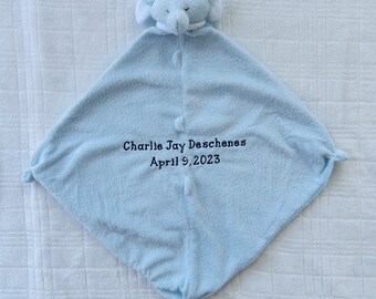 Blue Elephant baby lovie blanket embroidered with name + birthdate : personalized lovey