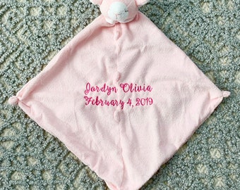 Pink Lamb baby lovie blanket embroidered with name + birthdate [girls]