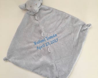 Gray Baby Elephant lovie blanket embroidered with name + birthdate : personalized