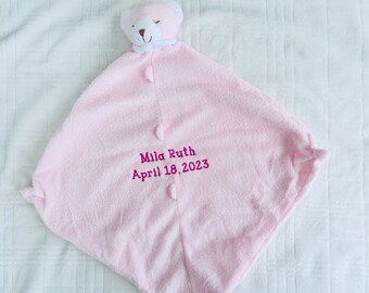 Pink Bear lovie blanket embroidered with name + birthdate, monogrammed, personalized