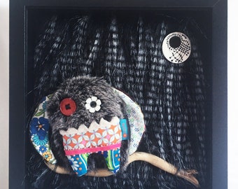 Decorative textile painting owl monster in moonlight
