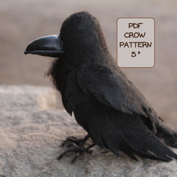 Crow sewing pattern, felt black Raven pattern, stuffed bird pattern