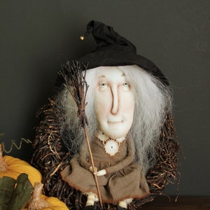 Handmade Halloween Witch Doll with Broom and Pumpkin, OOAK Doll, Creepy Spirit Doll, Primitive Halloween home decor