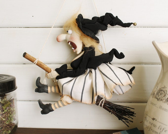 Flying Witch Doll on a Broom, Hanging Kitchen Witch Doll, Halloween Old ...