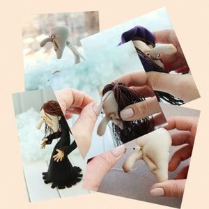 May include: A step-by-step guide on how to make a felt doll. The doll has a long nose, brown hair, and is wearing a black dress. The images show the doll being sewn together, with the hair being attached and the eyes being added.