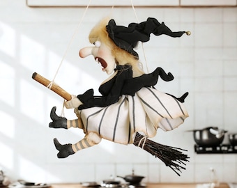 キッチン魔女人形、魔女の置物、灰色の魔女人形、ハロウィーンの魔女