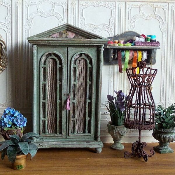 Furniture 1/12 scale Miniature, wood Buffet, Dresser doors wire metal, light green ivory Shabby, dolls house furniture