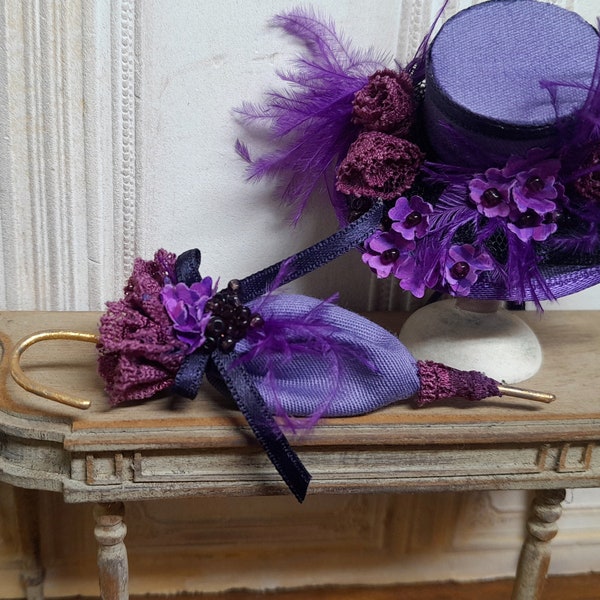 Miniature Victorian umbrella Scale 1/12, Lace flowers feathers ribbon beads, Fashion accessory, dollhouse decoration