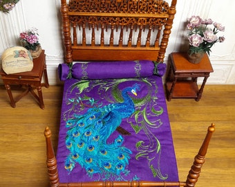 Miniature blanket and cushion, peacock embroidery, embroidered bedding set, 1/12 scale dollhouse bed decoration