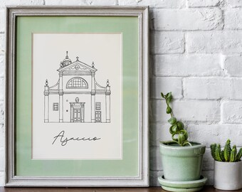 May include: A framed black and white line drawing of a church with the word "Ajaccio" written below it. The frame is light grey with a light green mount.