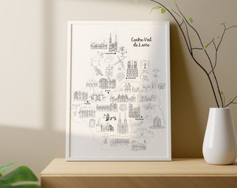 May include: A black and white line art map of the Centre-Val de Loire region of France, featuring iconic landmarks from cities like Tours, Chartres, Orleans, Blois, and Bourges.