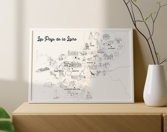 May include: A black and white illustrated map of the Pays de la Loire region of France. The map features the cities of Nantes, La Roche-sur-Yon, Laval, Le Mans, and Angers.