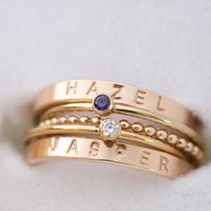 Gold Filled Name Ring Set with Birthstones, Personalized Mothers Day Gift for Mom of 2, Gold Name Rings for Mom, Engraved Rings, Kids Names