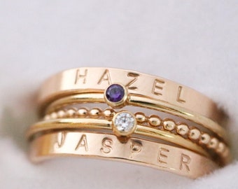 Gold Filled Name Ring Set with Birthstones, Personalized Mothers Day Gift for Mom of 2, Gold Name Rings for Mom, Engraved Rings, Kids Names