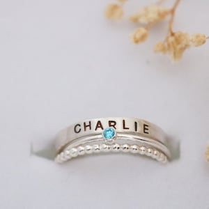 Set of Sterling Silver Name and Birthstone Rings, New Baby Gift for Mom, Personalized Gift for Mom, Mothers Day, Stamped Name Ring Engraved