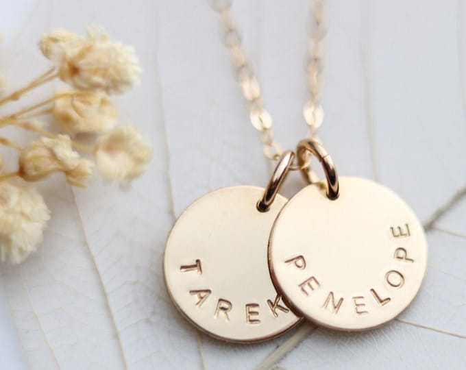 Custom Name Necklace for Mom, Kid Name Necklace, Personalized Gifts for Mom for Mothers Day, Double Disc Name Necklace, Gold Filled, Silver