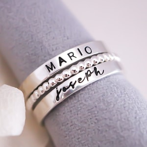 Sterling Silver Name Rings, Personalized Mother's Day Gift, Jewelry for Moms, Hand Stamped Ring, Custom Name Stackable Rings, Name Band Ring image 1