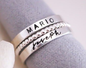 Sterling Silver Name Rings, Personalized Mother's Day Gift, Jewelry for Moms, Hand Stamped Ring, Custom Name Stackable Rings, Name Band Ring