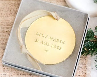 New Baby Ornament, Baby’s First Christmas Ornament, Baby Name Ornament, Brass Ornament, Hand Stamped Personalized Christmas Ornament for Mom