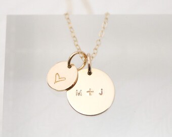 Valentines Day Gift for Her, Couple Necklace, Personalized Disc Necklace with Initials, Tiny Heart, Custom Initial Necklace, Gold or Silver