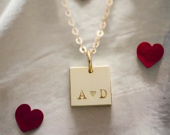 Square Initial Necklace, Couples Necklace Anniversary Gift for Wife, Girlfriend Gift, Tiny Square Necklace Personalized Initial Necklace