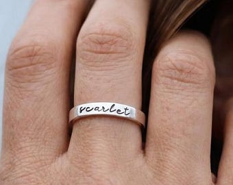 Sterling Silver Name Ring, Personalized Stacking Ring, Custom Name Band, Handstamped Ring, Gift for Mom, Stackable Rings