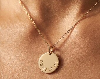Gold Filled Custom Name Disc Necklace: Personalized New Mom Gift, Name Disk Necklace
