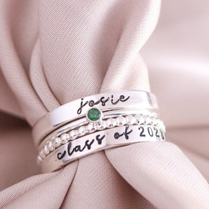 Class Ring Set, Sterling Silver Modern Class Rings, Personalized Graduation Gift for Her, High School Class of 2024, 2025, 2026, 2027