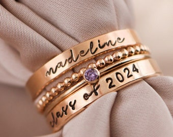 Class Ring Set, Gold Modern Class Rings, Personalized Graduation Gift for Her, High School Class of 2024, 2025, 2026, 2027, 2028