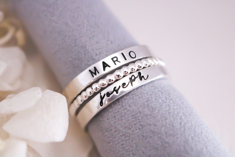 Sterling Silver Name Rings, Personalized Mother's Day Gift, Jewelry for Moms, Hand Stamped Ring, Custom Name Stackable Rings, Name Band Ring image 1