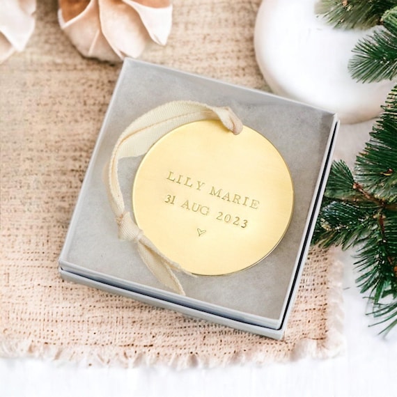 New Baby Ornament, Baby’s First Christmas Ornament, Baby Name Ornament, Brass Ornament, Hand Stamped Personalized Christmas Ornament for Mom