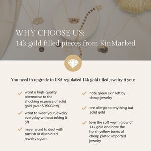a collection of 14k gold filled jewelry pieces from KinMarked, including necklaces and earrings. The jewelry is described as high-quality, affordable, and made of 14k gold, which is a type of gold that is 14 karat or higher. The jewelry is designed to be worn everyday without causing skin irritation, and it features a soft glow from the 14k gold. The jewelry is also described as affordable and made of affordable materials, which suggests that it is accessible to a wide range of customers.