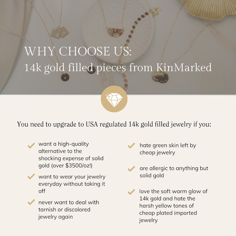 a collection of 14k gold filled jewelry pieces from KinMarked, including necklaces and earrings. The jewelry is described as high-quality, affordable, and made of 14k gold, which is a type of gold that is 14 karat or higher. The jewelry is designed to be worn everyday without causing skin irritation, and it features a soft glow from the 14k gold. The jewelry is also described as affordable and made of affordable materials, which suggests that it is accessible to a wide range of customers.