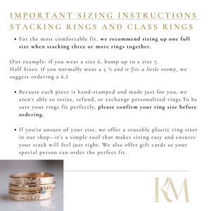 a stack of gold rings, with a note about important sizing instructions for stacking rings and class rings.