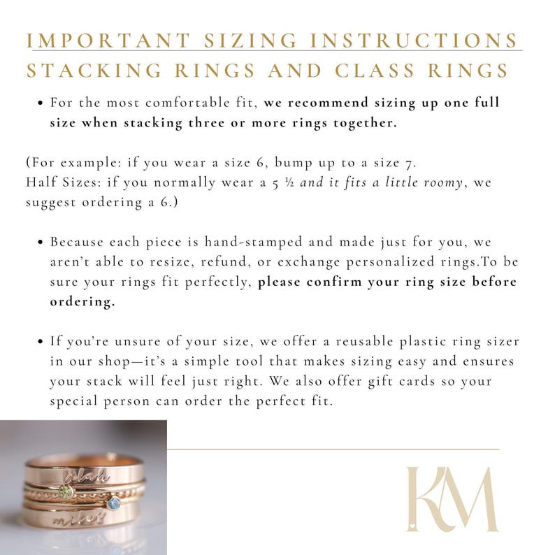 a stack of gold rings, with a note about important sizing instructions for stacking rings and class rings.