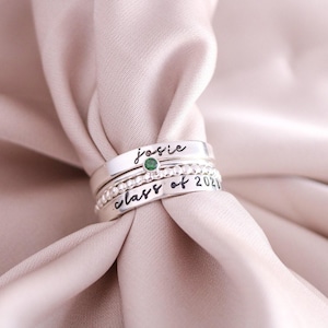Class Ring Set, Sterling Silver Modern Class Rings, Personalized Graduation Gift for Her, High School Class of 2024, 2025, 2026, 2027