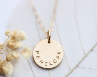 Gold Coin Necklace with Custom Name Disc  Personalized Gold Filled Name Plate  Unique Gift for Mom