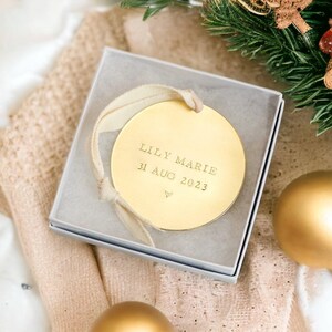 New Baby Ornament, Baby’s First Christmas Ornament, Baby Name Ornament, Brass Ornament, Hand Stamped Personalized Christmas Ornament for Mom image 2