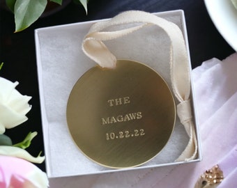 Personalized Wedding Date Ornament, Custom Engraved Ornaments, Minimalist Ornaments, Custom Ornament Gold, Hand Stamped Ornament, Gold Disc