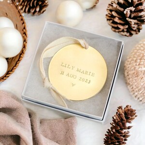 New Baby Ornament, Baby’s First Christmas Ornament, Baby Name Ornament, Brass Ornament, Hand Stamped Personalized Christmas Ornament for Mom image 3