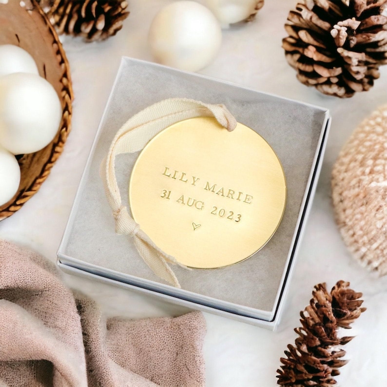 New Baby Ornament, Baby’s First Christmas Ornament, Baby Name Ornament, Brass Ornament, Hand Stamped Personalized Christmas Ornament for Mom image 3