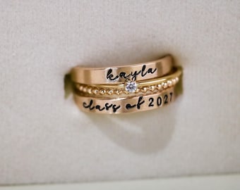 Class Ring Set, Gold Modern Class Rings, Personalized Graduation Gift for Her, High School Class of 2024, 2025, 2026, 2027, 2028