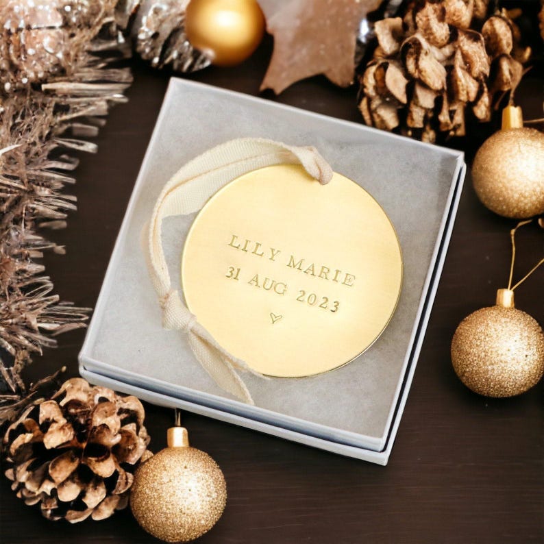 New Baby Ornament, Baby’s First Christmas Ornament, Baby Name Ornament, Brass Ornament, Hand Stamped Personalized Christmas Ornament for Mom image 5