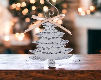 Personalized Family Christmas Tree Ornament: Hand Stamped Aluminum